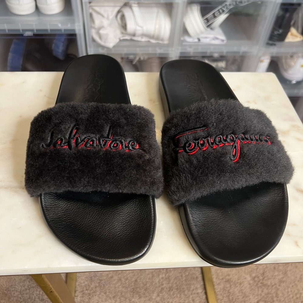 Salvatore Ferragamo Men’s Fur Trimmed Slides / SZ 10